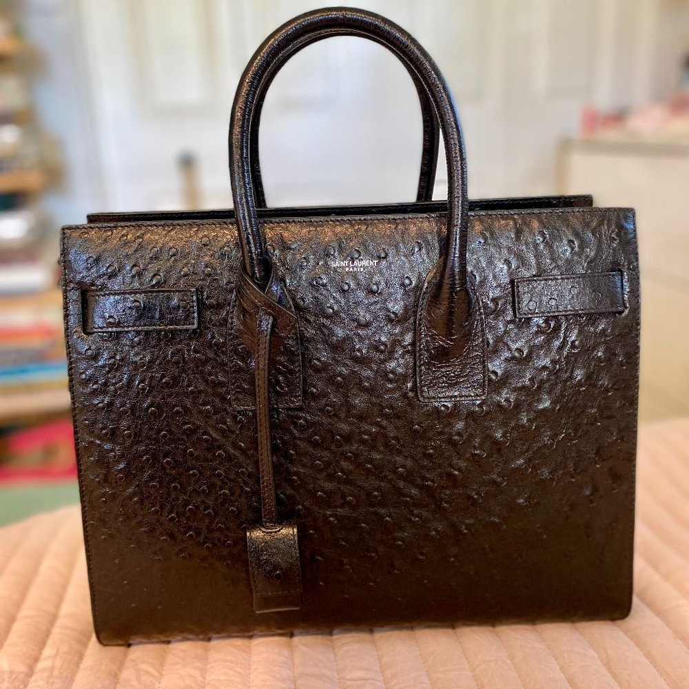 Yves Saint Laurent Black Ostrich Small Sac Du Jour Handbag